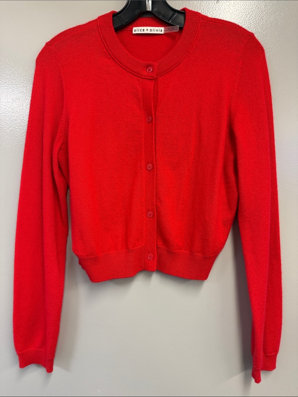 Alice + Olivia Vibrant Red Button-Front Crewneck Cardigan